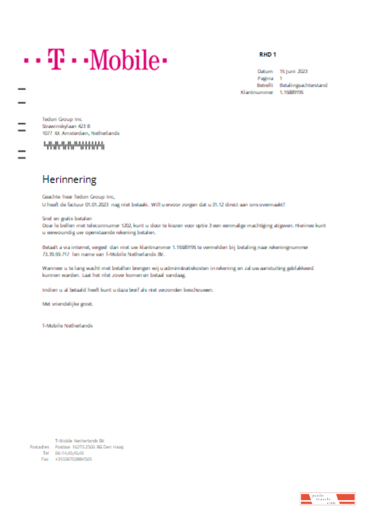 T Mobile Netherlands utility business bill,  SCR PSD template